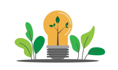 Bitkilerle Verimli Yeşil Eko Ampulü. Teknoloji ve sürdürülebilir konsept vektör sanatı