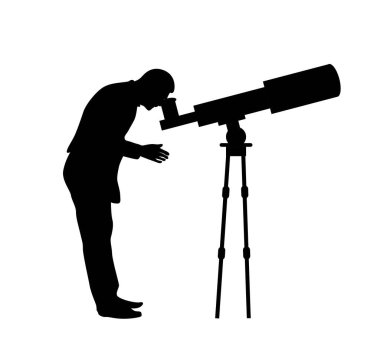 Teleskoptan bakan bir adamın silueti. Uzay keşfi teknolojisi ve astronomi vektör sanatı