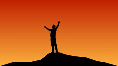 Sunset 'te Tepede Kollarını Aralayan Adam. Yürüyüş, seyahat ve açık hava aktiviteleri konsept vektörü. Din ve inanç konu illüstrasyonu