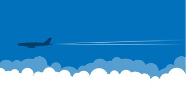 Gökyüzünde Bulutlu Düz Tarzlı Uçak. Ulaşım araçlar ve seyahat konsepti vektörü
