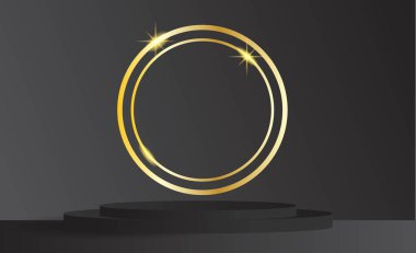 Siyah Podyum Gerçekçiliği Altın Parlak Çerçevesi. Modern arka plan reklam vektör sanatı için maket