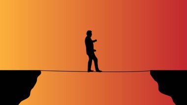 İş adamı, Güneş Işığı Altında İnce İpte Yürüyor. İş vektör sanatındaki tehlikelerin ve engellerin üstesinden gelmek