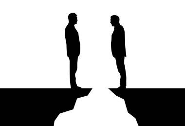 İki İş Adamı Uçurumun Üzerinde Durup Konuşuyor. Beyaz yakalı işçiler ve iş adamları zorluk konsepti vektörünü tartışıyor ve üstesinden geliyorlar