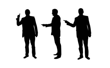 İş adamı silueti parmağıyla işaret ediyor. İnsanlar ve sunum etkinlikleri konsept vektör sanatı