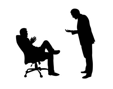 Patron ve Çalışan Ofis Siluetinde Sohbet ediyorlar. İki kişi günlük işle ilgili etkinlik vektör sanatı ile ilgileniyor