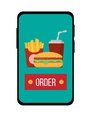 Smartphone Flat Style 'dan Fast Food sipariş ediyorum. Yiyecek ve içecekler konsept vektör sanatı