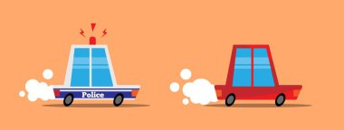 Funny Police Chasing a Car Flat Style. Safety on the road, criminal activity and dangerous driving concept vector clipart