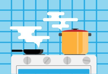 Buharlı Tencerede ve Fırında Ot Pişiriyorum. Gıda ve mutfak iç konsept vektör sanatı hazırlanıyor