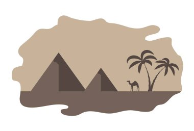Deve Palmiyeleri ve Piramitlerle Mısır Çizimi. Seyahat ve egzotik seyahat yerleri konsept vektör sanatı