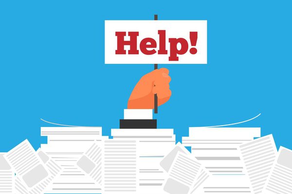 Hombre Negocios Sobrecargado Papeleo Pidiendo Ayuda Trabajo Oficina Problemas Exceso — Vector de stock