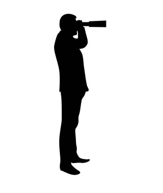 Spyglass 'ı beyaza izole edilmiş bir iş adamının silueti. İnsanlar, iş ve aktivite konsept vektör sanatı