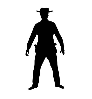 White 'da izole edilmiş bir kovboyun silueti. Batı ve Vahşi Batı karakteri konsept sanatı