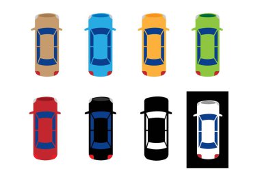 Arabalar Üst Görünüm Farklı Renkler Ayarları. Ulaşım araçları ve yolcu araçları konsept vektör sanatı