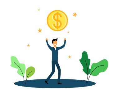 Mutlu İş Adamı Para Kazandı. Beyaz yakalı işçi piyango kazanmış ya da maaş vektör sanatı almış.