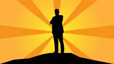 Başarılı Özgüvenli İş Adamının Silüeti ve Soyut Güneş Işığı. Beyaz yakalı işçi ve şirket yöneticisi CEO vektör sanatı