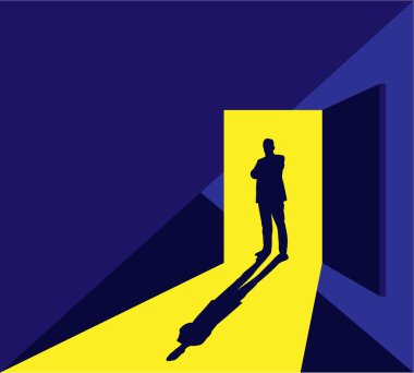 Başarılı Güvenilir İş Adamının Silueti Kapıda Duruyor. Beyaz yakalı işçi ve şirket yöneticisi CEO vektör sanatı