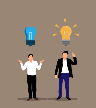 Ampul Fikri ve Kırık Fikri Olan İki İş Adamı. Beyaz yakalı ofis çalışanları ve finans sektörü profesyonel vektör sanatı.