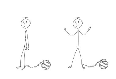 Cartoon Figure of Man Shackled to Debt and Tax Weight. Financial struggle and captivity vector art