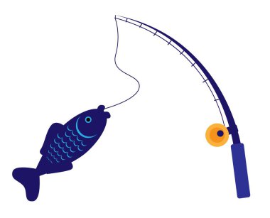 White 'da izole edilmiş bir çubukla büyük bir balık yakalamak. Spor ve açık hava aktiviteleri vektör sanatı