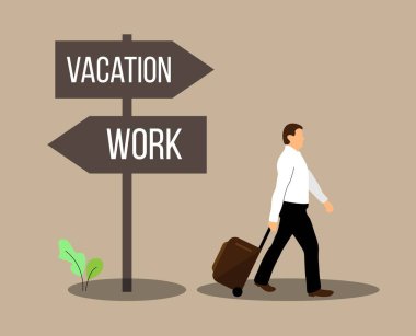 Seyahat çantalı iş adamı tatile çıkıyor. İş ve seyahat rutin vektör sanatı