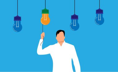 İş adamı ampulü açıyor. Yaratıcı başarılı fikirler üretmek ve beyaz yakalı işçiler, şirket yöneticileri vektör sanatı.