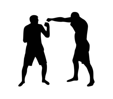 White 'da izole edilmiş iki Kick Boks Dövüşçüsü Silueti. Spor ve dövüş sanatları aktivite sanatı