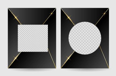 Siyah Yuvarlak ve Kare Sette Parlak Lüks Altın Sancak. Grafik tasarım elemanları ve kaynak vektör sanatı