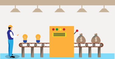 Bir fabrika taşıma bandı işçisi Para üretim sürecini kontrol ediyor. İş, endüstri ve ekonomi konsept vektör sanatı