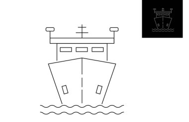 Sea Frontal View Line Art 'da bir gemi. Deniz araçları ve ulaşım vektör sanatı anlamına gelir