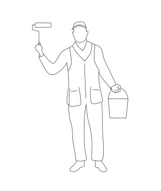 Boya Paten Hattı Sanatı ile İnşaat İşçisi Boyacısı izole edildi. Endüstriyel meslek insanları ve faaliyetleri, iç tasarım vektör sanatı