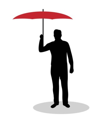 Kırmızı Şemsiyeli Adamın Silueti Beyaz 'da izole edildi. İnsanlar açık havada ve etkinliklerde, hava koşulları vektör sanatı, iş korunması