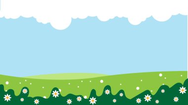 Çiçekli Yaz Çayırı Düz Peyzaj Tarzı. Doğa manzarası, bitkiler ve çiçekler vektör sanatı