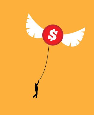 Renkli bir doların üzerinde uçan iş adamının silueti. Döviz, tasarruf ve dünya ekonomisi konsepti vektör sanatı