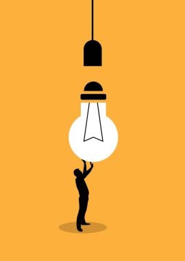 Ampul takan bir teknisyenin silueti. İnsanlar ve teknoloji, sorunları çözmek ve iş vektör sanatında parlak fikirler üretmek