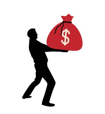 Büyük Para Çantası Taşıyan İş Adamı 'nın silueti. İş yerindeki insanlar gelir ve ticaret etkinliği vektör sanatı kazanıyorlar.