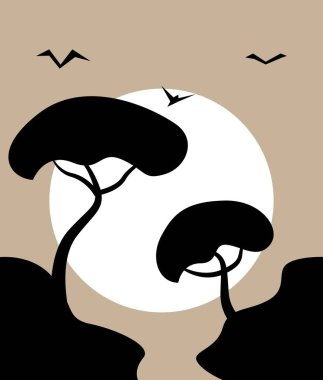 Kayaların Üzerinde Ağaçların Büyüdüğü Basit Kayalık Alan Manzara Silueti. Doğa ve yerler konsept vektör sanatı