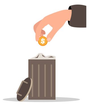 Çöp kutusuna bir dolar atarak para kazanmak. Para ve finans yönetimi, kriz konsepti vektör sanatı ekonomisi