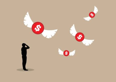 Dolar Uçup Giderken İş Adamı 'nın Silueti. Para ve finans yönetimi, kriz konsepti vektör sanatı ekonomisi