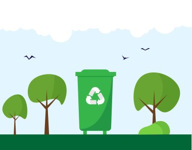 Çöp kovası ve Doğa Ağaçları Düz Tarzı ile Yeşil Eko Manzarası. Çevresel koruma ve ekoloji konsept vektör sanatı