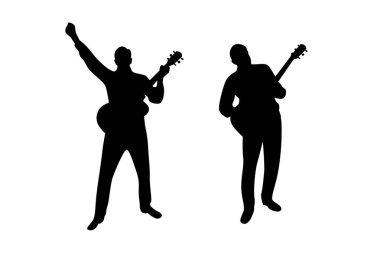 Akustik Gitarlı Rock Müzisyeni Silueti. Sanat ve müzik insanları, seyirci sanatı için sahnede performans sergiliyorlar.