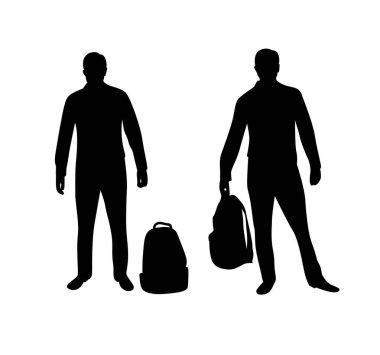 Sırt çantalı gezgin iş adamı farklı pozlar. Yoldaki ve seyahat eden insanlar moda vektör sanatı