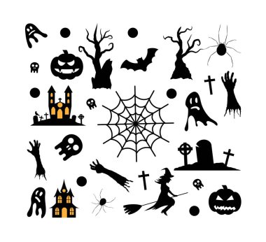 Cadılar Bayramı Nesneleri Meydanı Özgeçmişi 'nin siluetleri. Kültür ve dini bayram sonbahar vektör sanatı