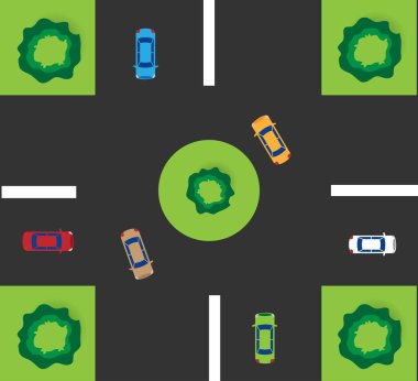 Rotunda Road Top View 'da arabalarla dolu. Trafik düzenlemesi ve şehir altyapı vektör sanatı