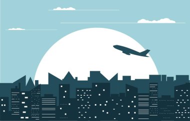 Akşam Endüstriyel Şehir Silueti Kalkıyor. Şehir altyapısı ve modern kentsel yaşam vektör sanatı