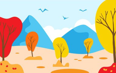 Renkli Ağaçlar Dağları ve Kuşlarla Sonbahar Manzarası. Doğa, mevsimlerin değişimi ve açık hava manzara vektör sanatı.