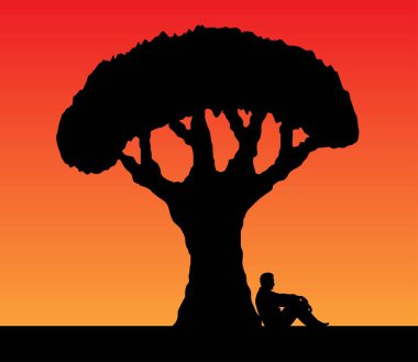 Sunset 'te Old Oak Tree' nin altında oturan bir adamın silueti. İnsanlar açık havada rahatlıyor ve doğa vektör sanatını keşfediyorlar.