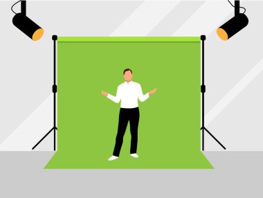 Chroma Key Green Screen 'de sunum videosu yapan hoparlör. Sanat endüstrisindeki işler, görsel işitsel medya ve video üretim vektör sanatı