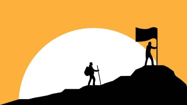 Yürüyüşçülerin siluetleri ya da tepeye tırmanan dağcıların siluetleri. Başarılı sporcuları ve yürüyüşçü vektör sanatını hedefleyen insanlar