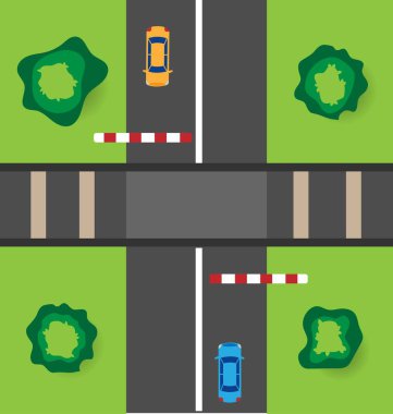 Trenin Top View 'dan geçmesini bekleyen araçlar. Taşımacılık, yol vektör sanatında araçlar ve güvenlik anlamına gelir