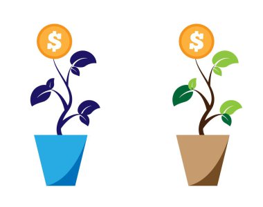 Para Ağacı, beyazda izole edilmiş bir tencerede büyüyor. Kazanç ve finansal gelir vektör sanatı